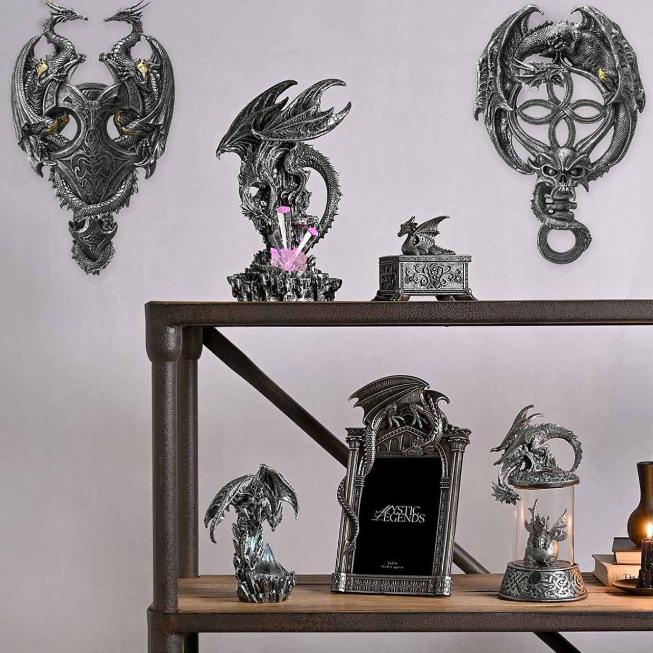 A Silver Dragon Fantasy Figurine Ornament with changeable flashing light from the Mystic Legends Collection by Juliana Collection.