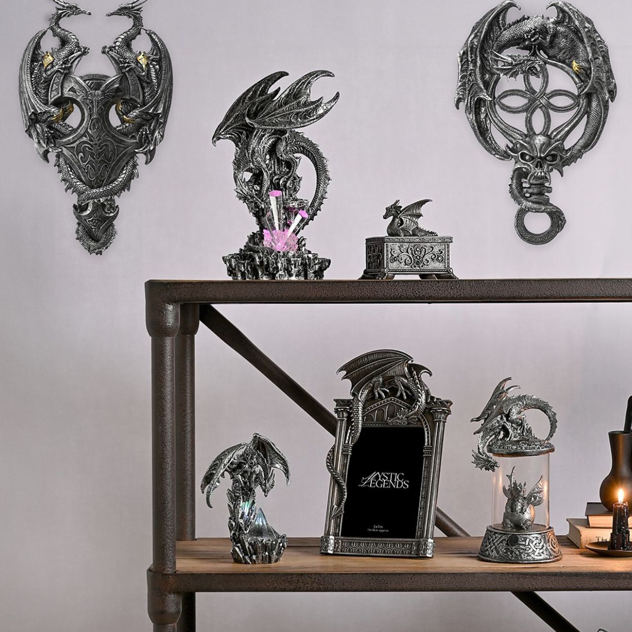 A Large Silver Dragon Fantasy Figurine Ornament with changeable light from the Mystic Legends Collection by Juliana Collection.