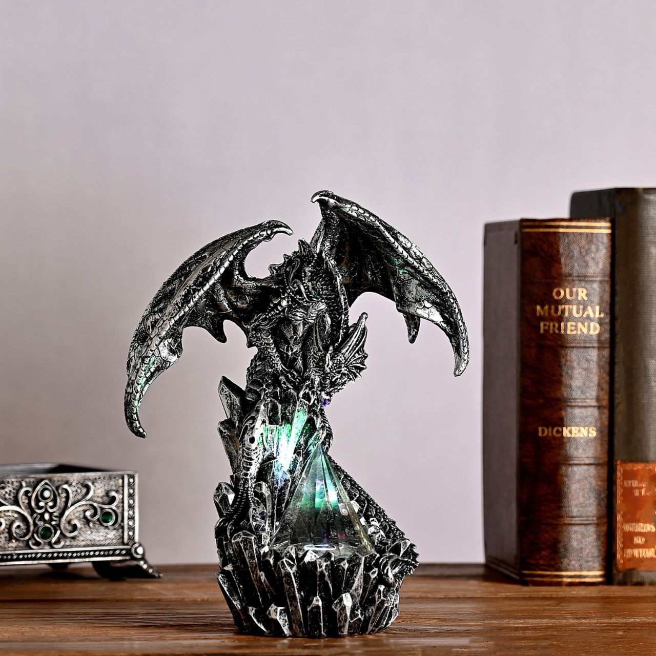 A Silver Dragon Fantasy Figurine Ornament with changeable flashing light from the Mystic Legends Collection by Juliana Collection.