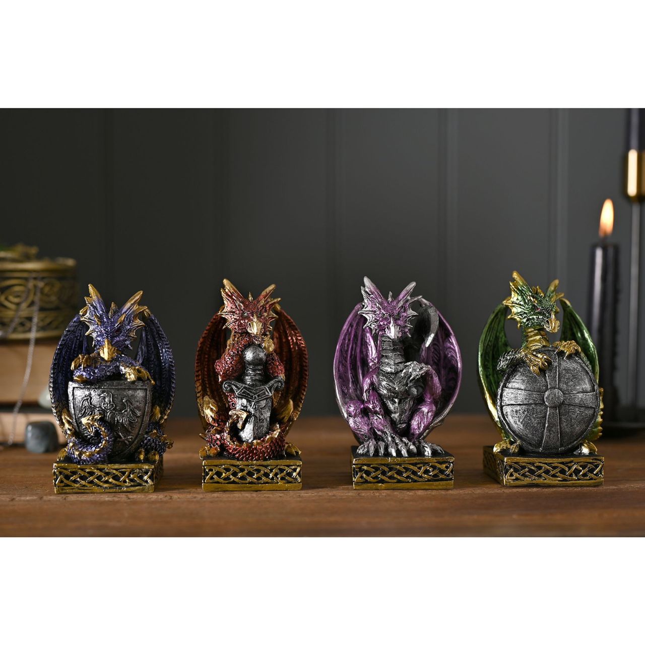 Each one depicts a unique dragon design and colour. They are made from high-quality resin which allows for intricate detailing. A brand for customers and avid collectors who are drawn to the mystical and gothic aesthetic.