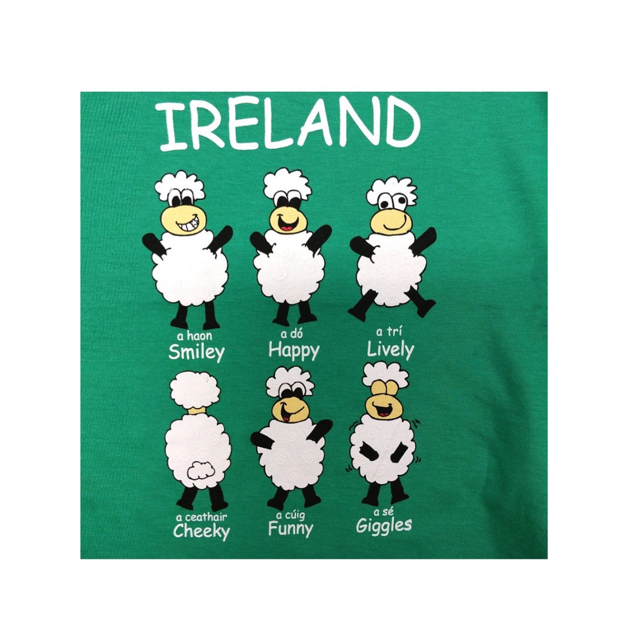 This emerald green cotton kids T-shirt is a part of the Traditional Craft Official Collection. It is a relaxed fit and features various different printed "Happy Sheep".