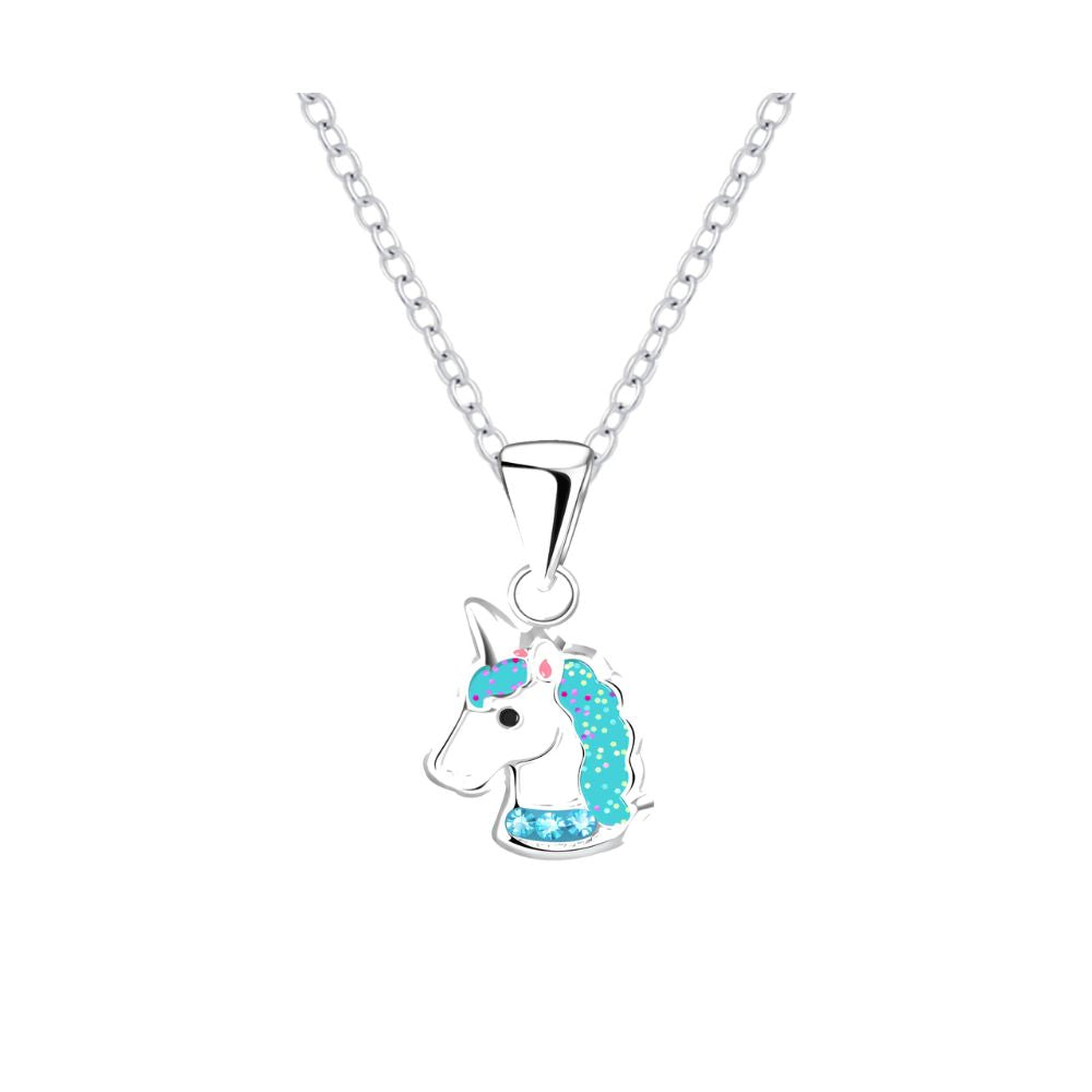 Children's Blue Unicorn Necklace  Enamelled sterling silver kids necklace with a blue unicorn design on a 16 inch chain. This necklace has been designed so the unicorn has a sparkly mane and a blue crystal collar.  This necklace is part of our “Rainbow” range and measure 10mm in height.