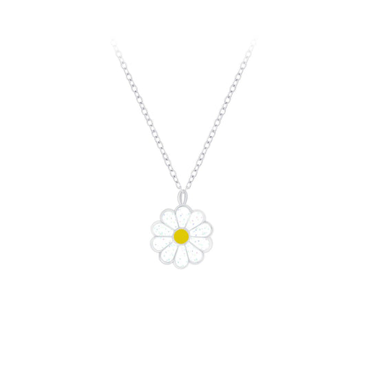 Enamelled sterling silver kids necklace with our sparkly white daisy design on a 16 inch chain.