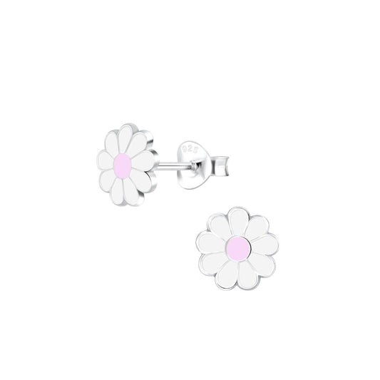 Daisy Stud Earrings With Pink Centre  Enamelled sterling silver kids stud earrings with our sparkly white daisy design.  These earrings are part of our “Rainbow” range and measure 8mm in width.