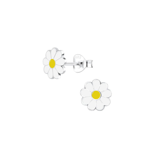 Enamelled sterling silver kids stud earrings with our sparkly white daisy design.