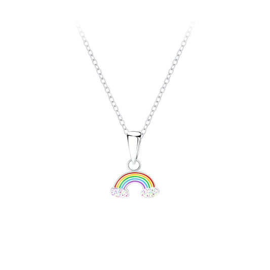 Enamelled sterling silver kids stud necklace with our rainbow and sparkly white clouds design on a 16 inch chain.