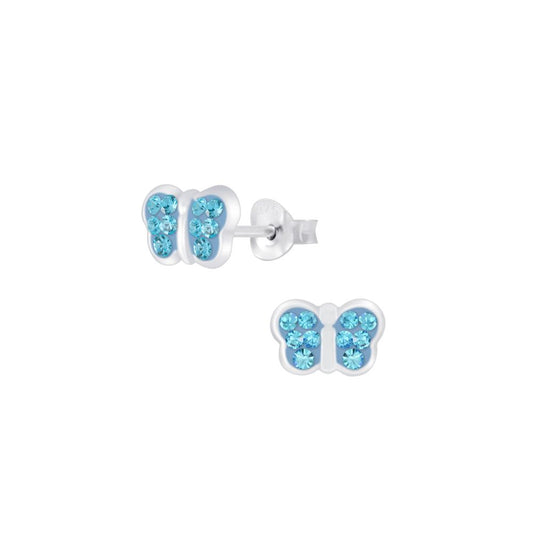 Kilkenny Silver Children's Blue Butterfly Stud Earrings  Sterling silver blue crystal butterfly kids stud earrings with.  These earrings are part of our “Rainbow” range and measure 8mm in width.