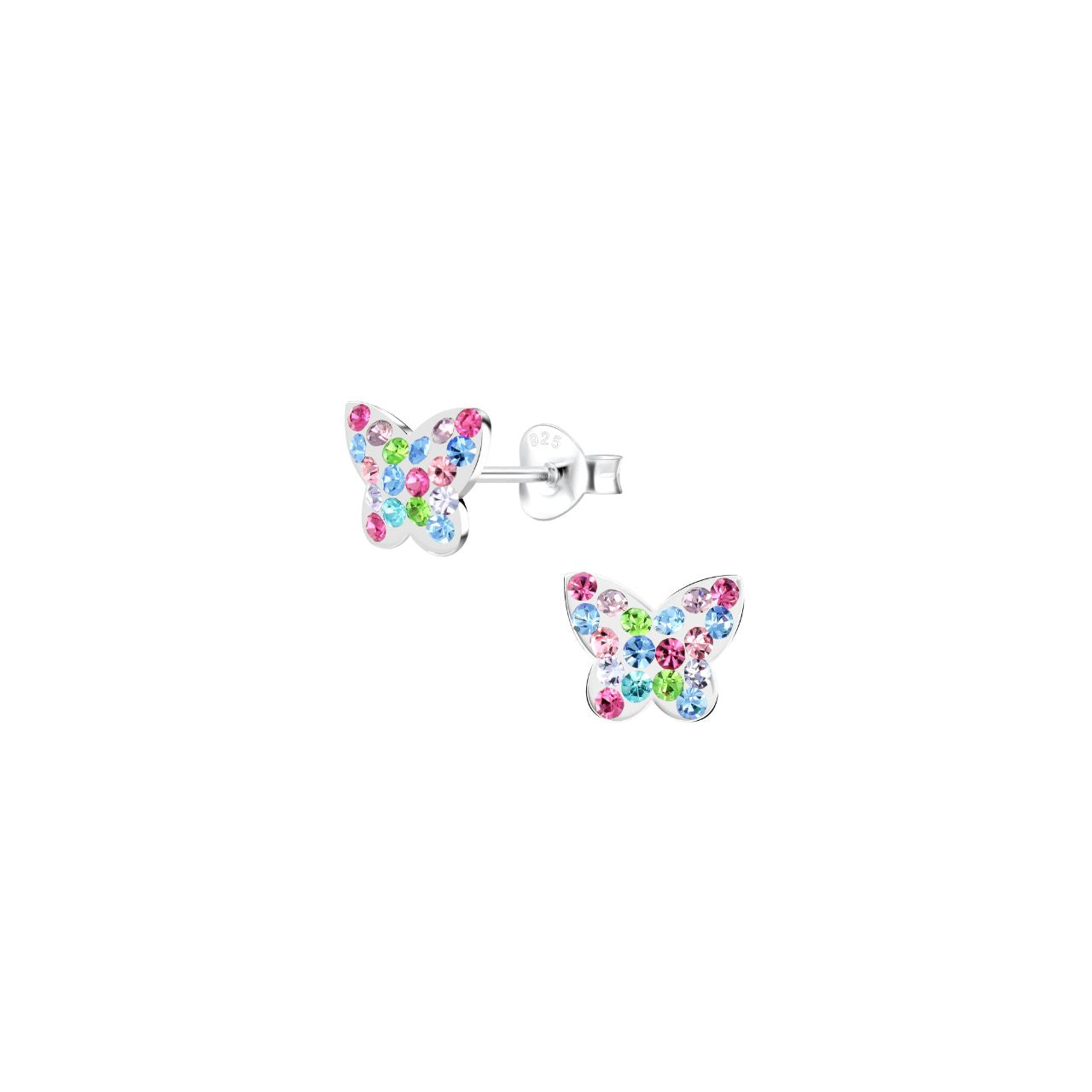These multi coloured crystal butterfly sterling silver stud earrings have been carefully designed to give the most comfort feel.