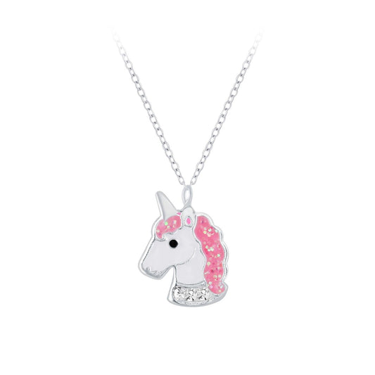 Pink Unicorn Necklace by Kilkenny Silver  Enamelled sterling silver kids necklace with a pink unicorn design on a 16cm chain. This necklace has been designed so the unicorn has a sparkly mane and a white crystal collar.