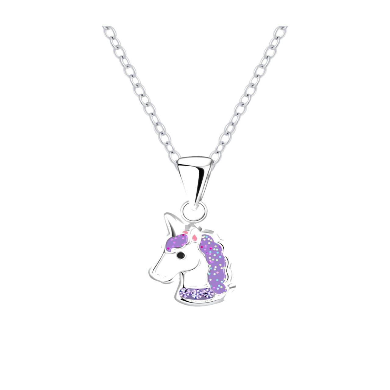 Purple Unicorn Necklace by Kilkenny Silver  Enamelled sterling silver kids necklace with a pink unicorn design on a 16cm inch chain. This necklace has been designed so the unicorn has a sparkly mane and a purple crystal collar.