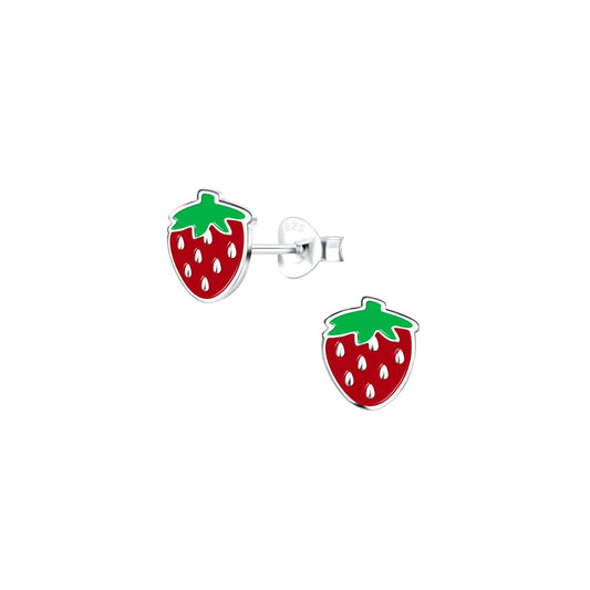 Enamelled sterling silver kids stud earrings with a strawberry design.