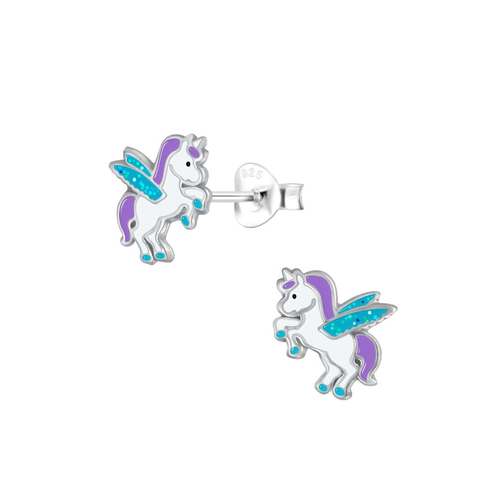 Flying Alicorn Children's Stud Earrings  Enamelled sterling silver kids stud earrings with a purple and blue alicorn design. Did you know that and alicorn is a unicorn with wings?  These earrings are part of our “Rainbow” range and measure 10mm in height.