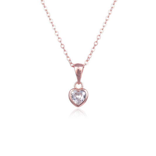 Heart Pendant with Cubic Zirconia – Rose Gold  A necklace in rose gold plated sterling silver featuring a single cubic zirconia in a bezel setting. It measures approx. 6mm in diameter and is supplied with an 18″ rose gold plated sterling silver chain.