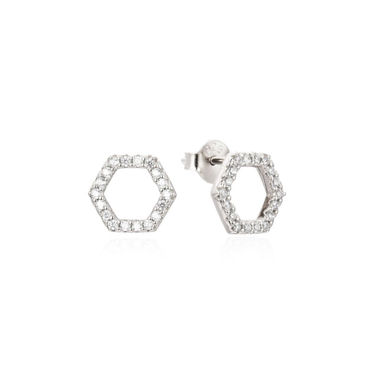 Hexagonal Stud Earrings with Cubic Zirconia – Silver  An elegant pair of sterling silver hexagonal stud earrings with cubic zirconia detail. They have an anti-tarnish coating and measure approx. 10mm in diameter.