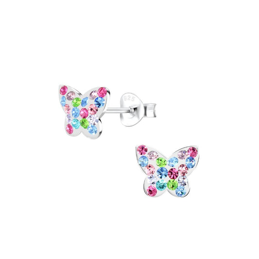 Multi Coloured Butterfly Children's Stud Earrings  These multi coloured crystal butterfly sterling silver stud earrings have been carefully designed to give the most comfort feel.  These earrings are part of our “Rainbow” range and measure 9mm in width.