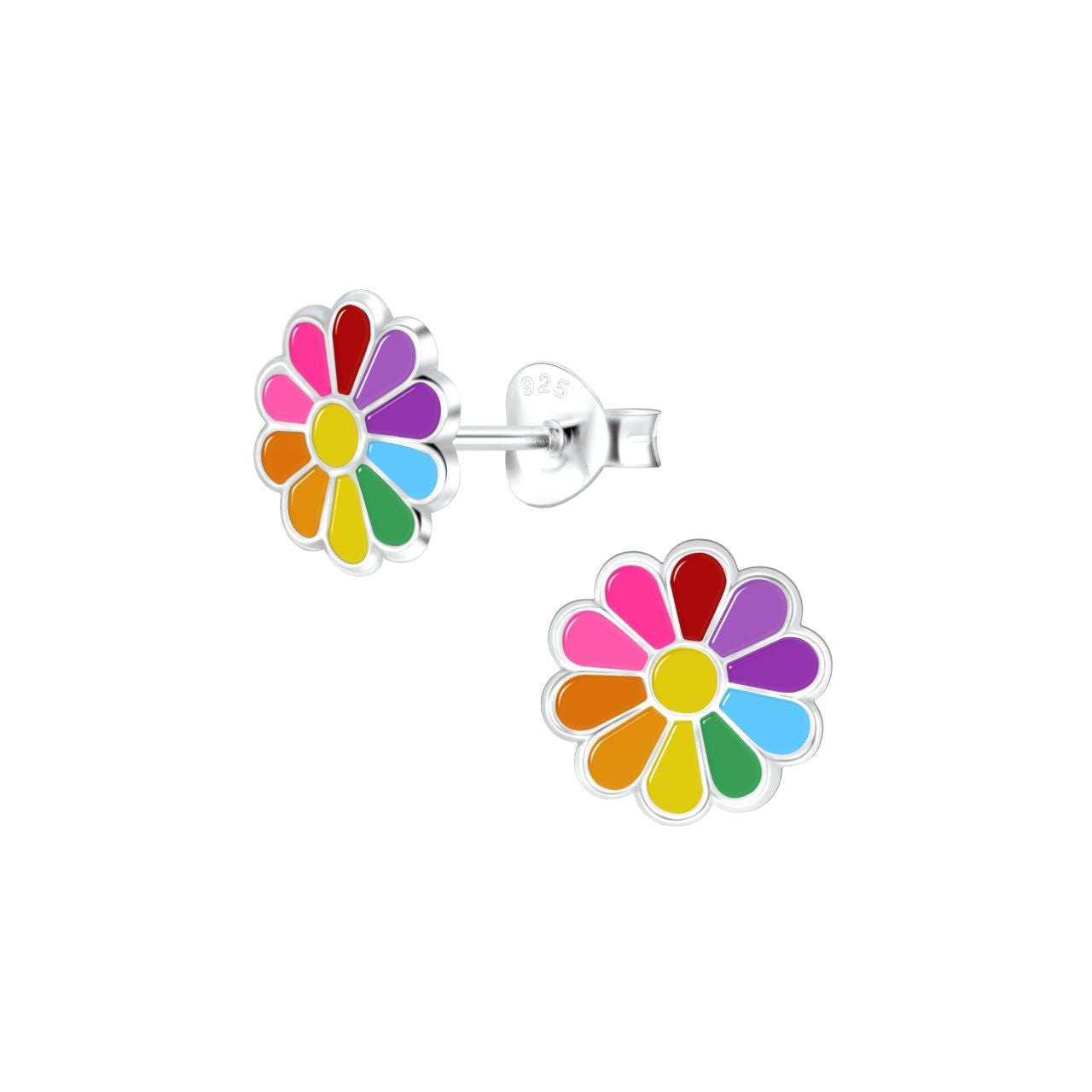 Enamelled sterling silver kids stud earrings with our multi colour daisy design. These earrings are part of our “Rainbow” range and measure 8mm in width.