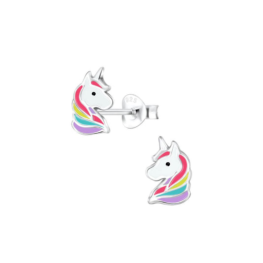 Multi Coloured Unicorn Children's Stud Earrings  Enamelled sterling silver kids stud earrings with a multi coloured unicorn design.  These earrings are part of our “Rainbow” range and measure 8mm in height.