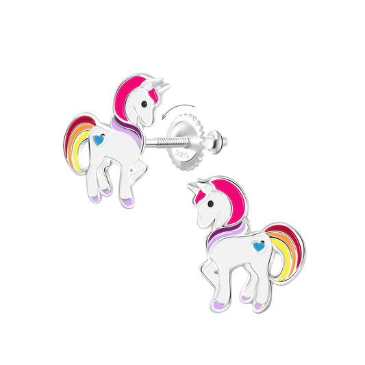 Multi Coloured Unicorn Stud Earrings by Kilkenny Silver  Enamelled sterling silver kids stud earrings with a multi-coloured unicorn design. These earring backs have a screw catch which means they have less chance of coming loose. Perfect for playful kids.