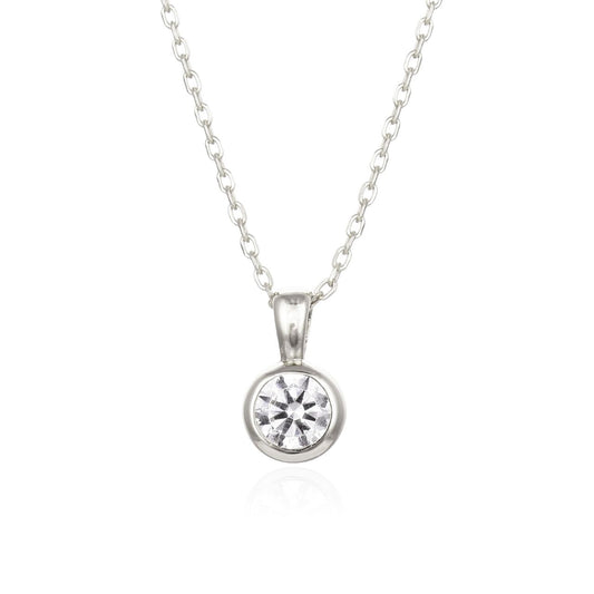 Silver Necklace with Cubic Zirconia by Kilkenny Silver  A classic single cubic zirconia in a bezel setting. This simple pendant is sterling silver. It measures approx. 9mm in diameter and is supplied with an 18″ sterling silver chain which has been rhodium plated to help prevent tarnishing.