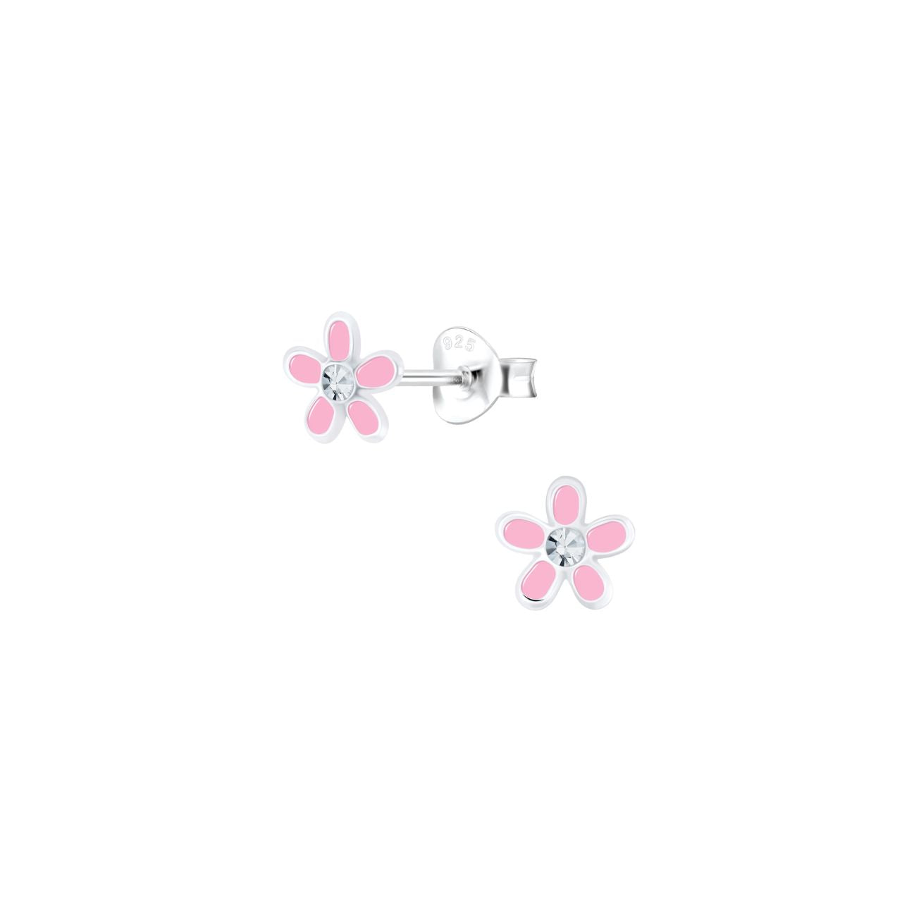 Enamelled sterling silver kids stud earrings with a pink flower design and clear crystal centre. These earrings are part of our “Rainbow” range and measure 6mm in width.