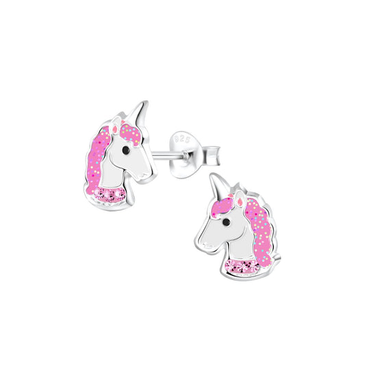 Enamelled sterling silver kids stud earrings with a pink unicorn design. These earrings have been designed so the unicorn has a sparkly mane and a pink crystal collar.