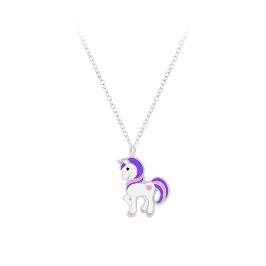 Purple and Pink Unicorn Necklace  Enamelled sterling silver kids necklace with a purple and pink unicorn design on a 16 inch chain.  This necklace is part of our “Rainbow” range and measure 8mm in height.