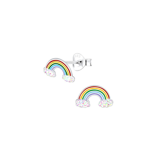 Enamelled sterling silver kids stud earrings with a colourful rainbow design with fluffy white clouds.