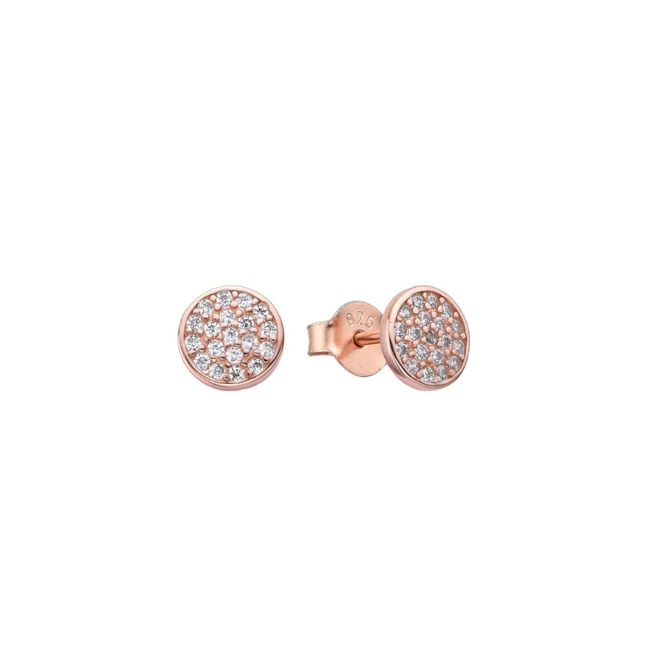 Dahlia Cubic Zirconia Stud Earrings – Rose Gold  A pair of rose gold plated sterling silver studs enhanced with cubic zirconia forming a dahlia pattern. These earrings have an anti-tarnish coating and measure approx. 8mm in diameter.
