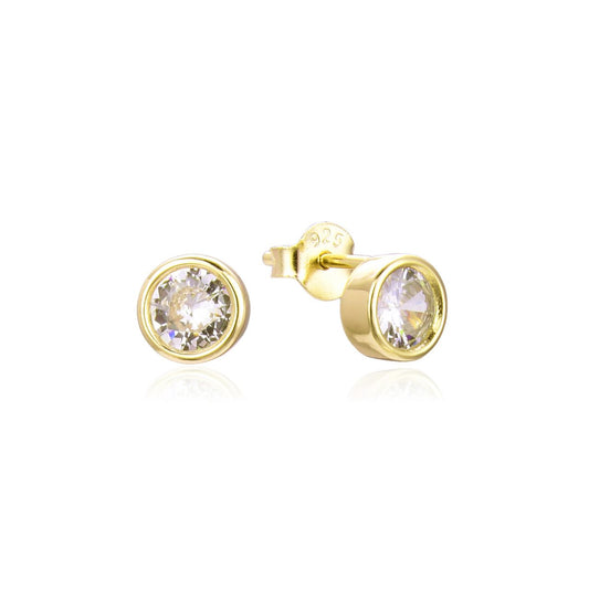 Gold Round Stud Earring with Cubic Zirconia by Kilkenny Silver  A pair of gold plated sterling silver round cubic zirconia studs in a bezel setting. They have an anti-tarnish coating and measure approx. 6mm in diameter.