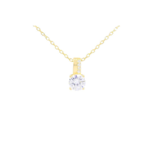 This exquisite cubic zirconia diamond pendant necklace features a brilliant round-cut diamond set in a delicate yellow gold plated sterling silver chain. The minimalist design highlights the stone’s natural sparkle, making it an ideal choice for both everyday elegance and special occasions.
