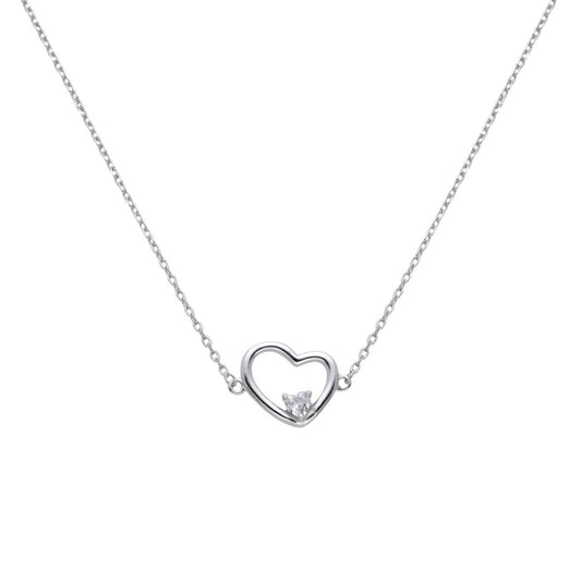 Sterling Silver Heart and Stone Necklace by Kilkenny Silver  This is a sterling silver heart necklace has been beautifully designed so that the heart hangs perfectly on the wearer. The heart is linked to the chain on either side unlike most typical designs and measures 14mm in diameter. The cubic zirconia stone has been carefully cut into a heart shape to give extra detail.