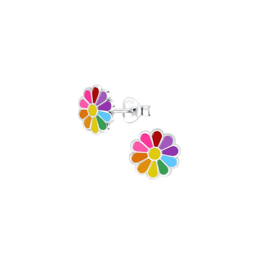 Enamelled sterling silver kids stud earrings with our multi colour daisy design. These earrings are part of our “Rainbow” range and measure 8mm in width.