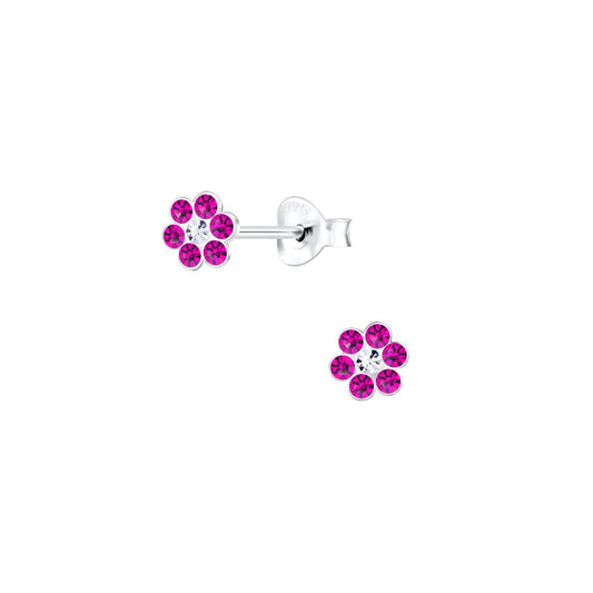 Sterling silver kids stud earrings with a pink crystal flower design and clear crystal centre.
