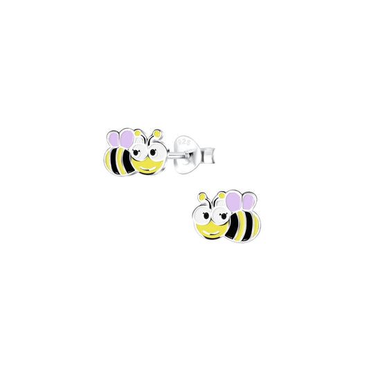 Enamelled sterling silver kids stud earrings with a happy bee with purple wings design.