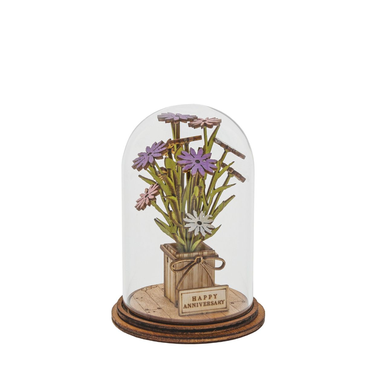 Celebrate an anniversary with this beautiful floral gift. This eco-friendly glass dome decoration encases a bunch of stunning purple and white flowers, adorned with a Happy Anniversary plaque. 