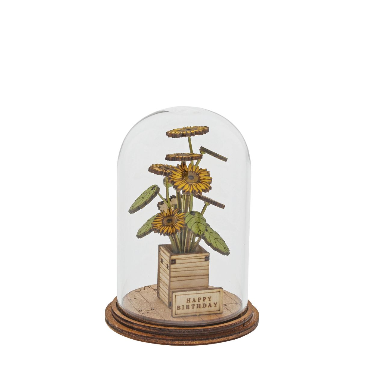 Because everyone loves flowers on their Birthday. This eco-friendly glass dome decoration encases a bunch of stunning yellow flowers, adorned with a Happy Birthday plaque. This classic vintage style, decorative Kloche will make a stunning display in your home.