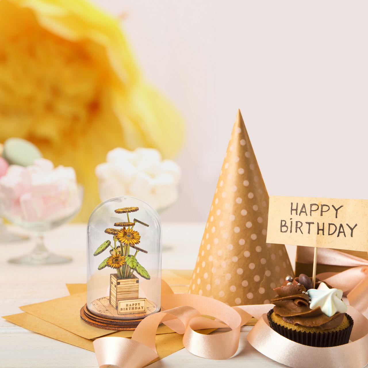 Because everyone loves flowers on their Birthday. This eco-friendly glass dome decoration encases a bunch of stunning yellow flowers, adorned with a Happy Birthday plaque. This classic vintage style, decorative Kloche will make a stunning display in your home.