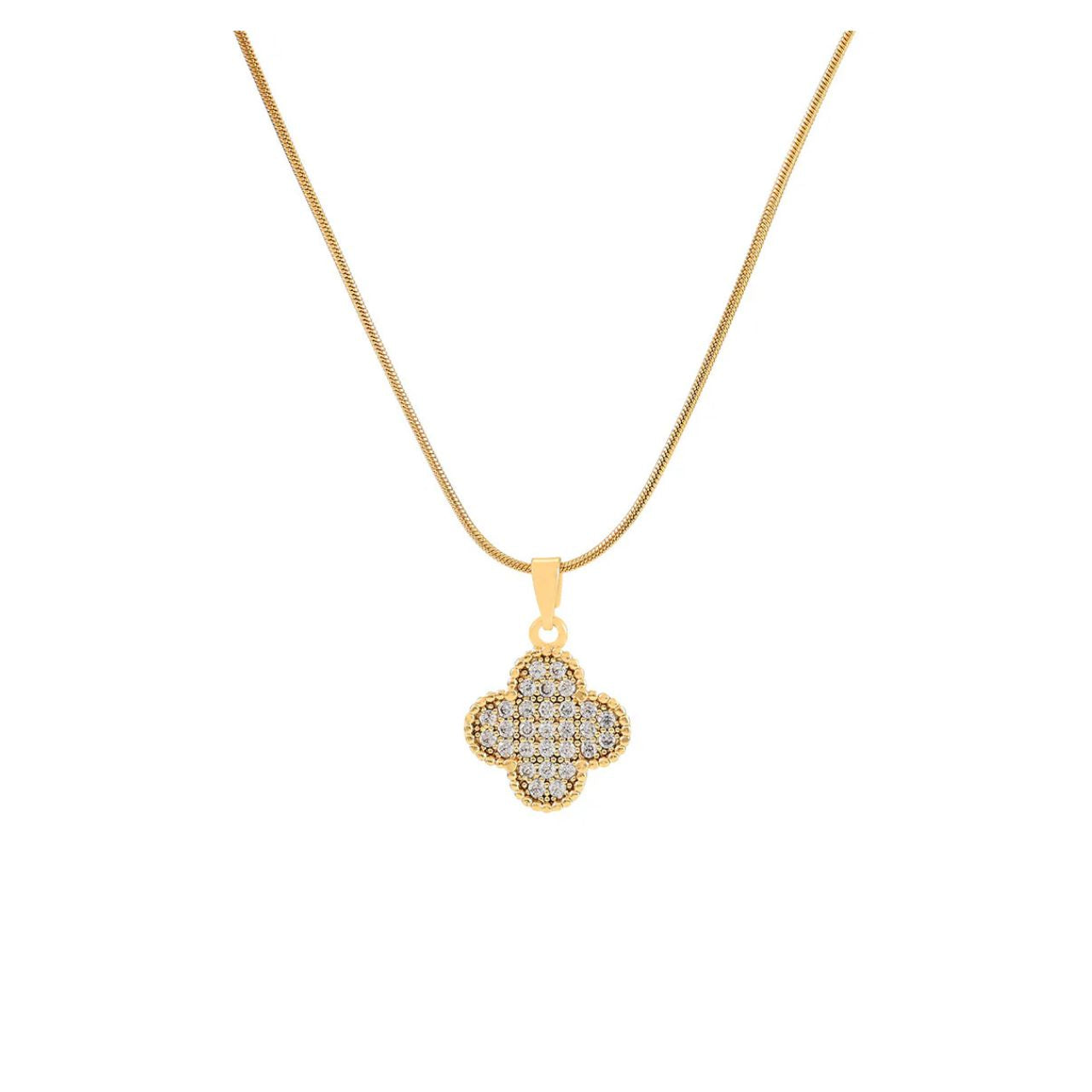 This elegant necklace from Knight and Day features a timeless clover pendant with a sleek black resin front and sparkling crystals on the reverse.