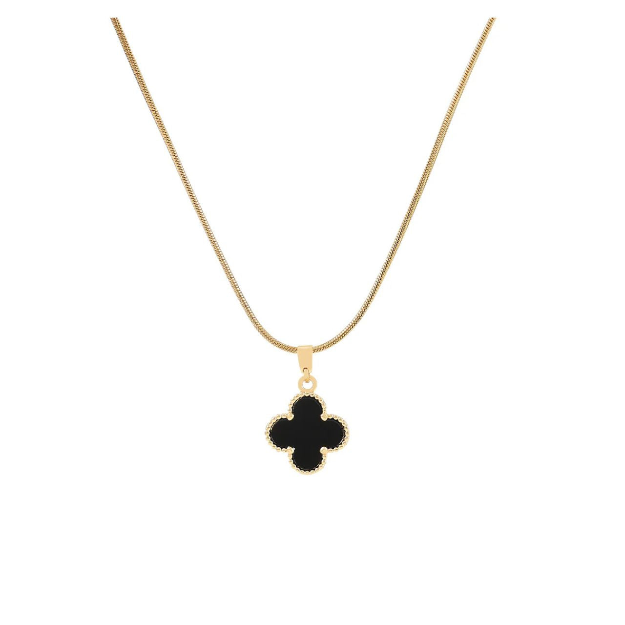 This elegant necklace from Knight and Day features a timeless clover pendant with a sleek black resin front and sparkling crystals on the reverse.