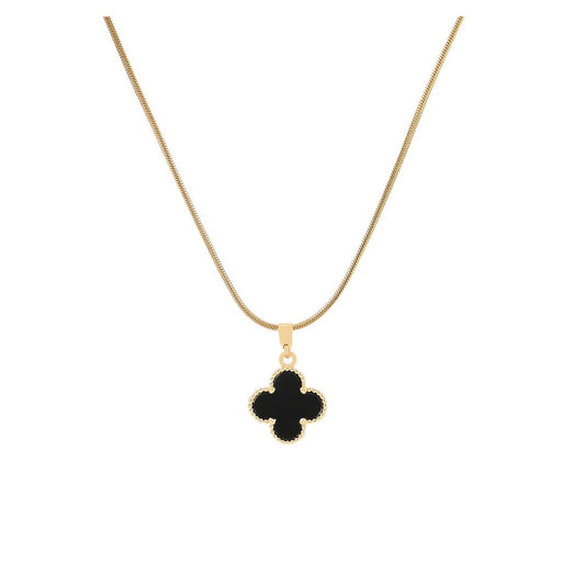 This elegant necklace from Knight and Day features a timeless clover pendant with a sleek black resin front and sparkling crystals on the reverse.