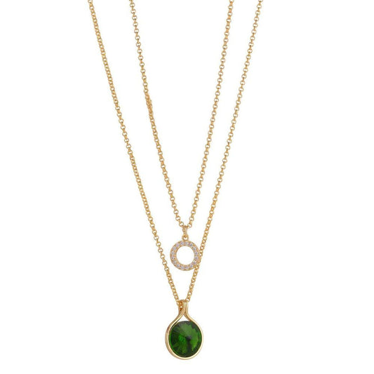 Yellow Gold Crystal & Emerald Layered Necklace by Knight & Day  Uniquely crafted from yellow gold, this beautiful layered necklace by Knight & Day is detailed with sparkling crystals and shimmering emeralds. Perfect for special occasions or everyday wear, the necklace is sure to add glamour to your look.