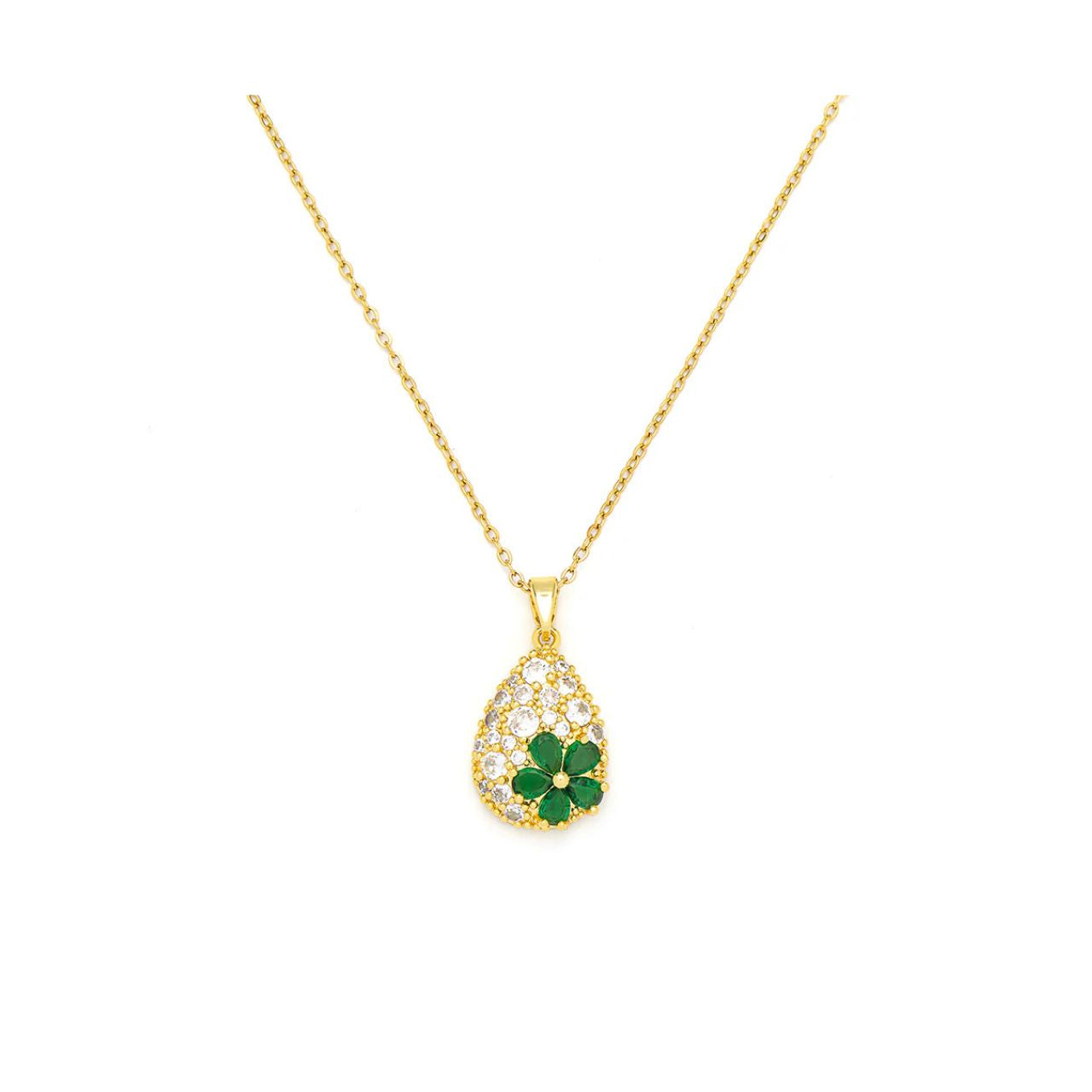 Vibrant emerald flower element on teardrop base encrusted with CZ stones. Length 41 + 5cm extension. Gold plating.