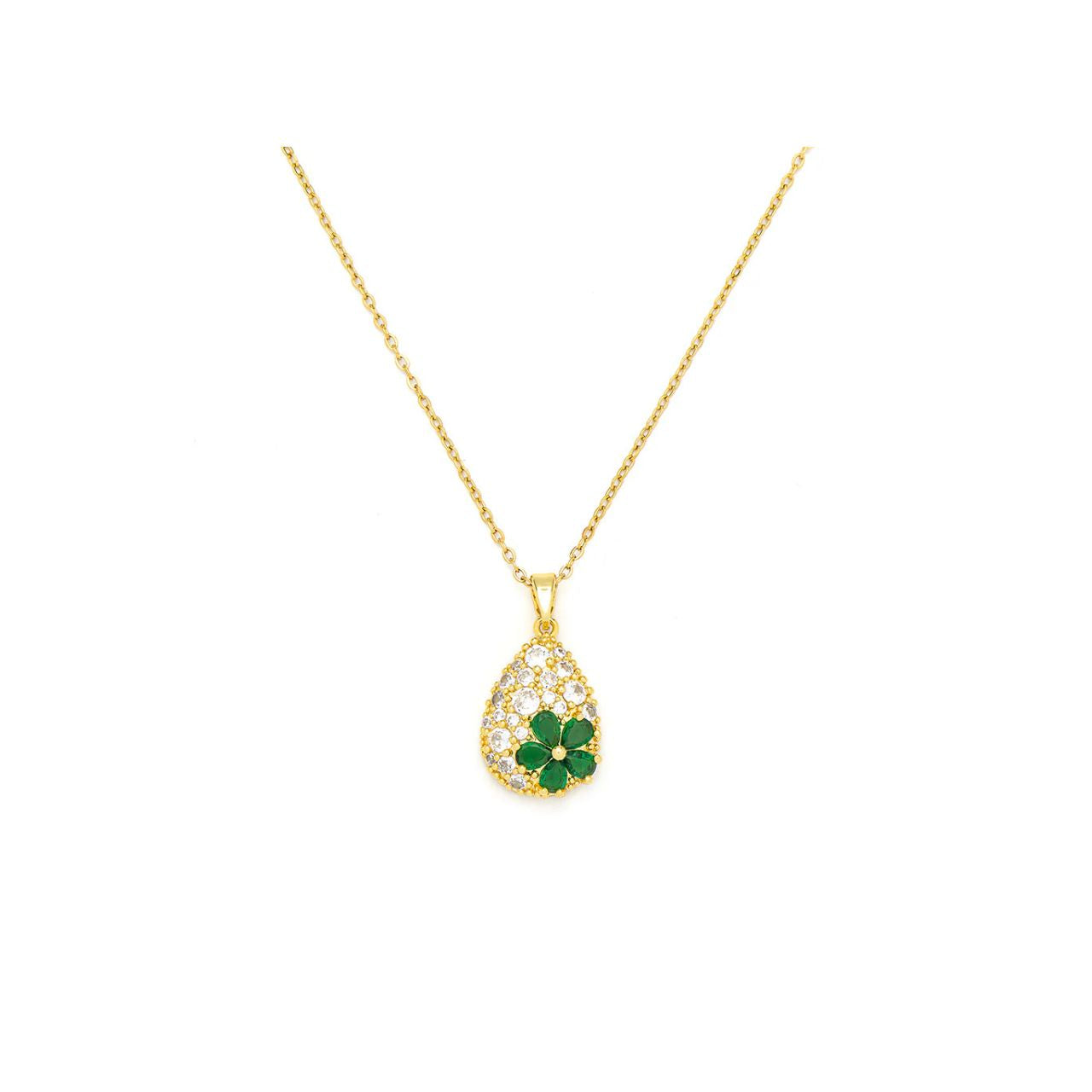 Vibrant emerald flower element on teardrop base encrusted with CZ stones. Length 41 + 5cm extension. Gold plating.