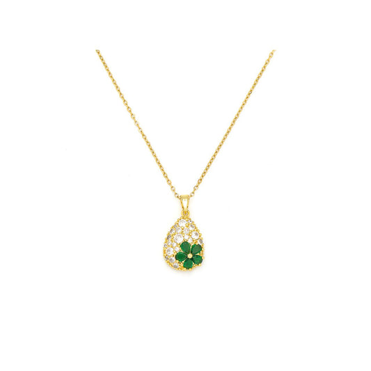 Vibrant emerald flower element on teardrop base encrusted with CZ stones. Length 41 + 5cm extension. Gold plating.
