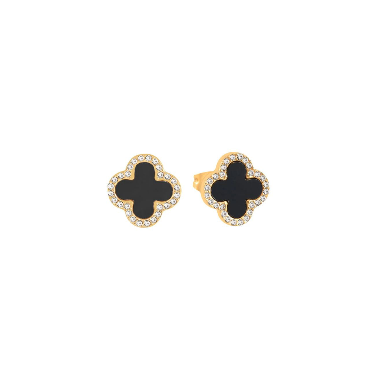 These Knight & Day Estella stud earrings feature an elegant clover design, enhanced with glossy black resin and sparkling crystal accents.