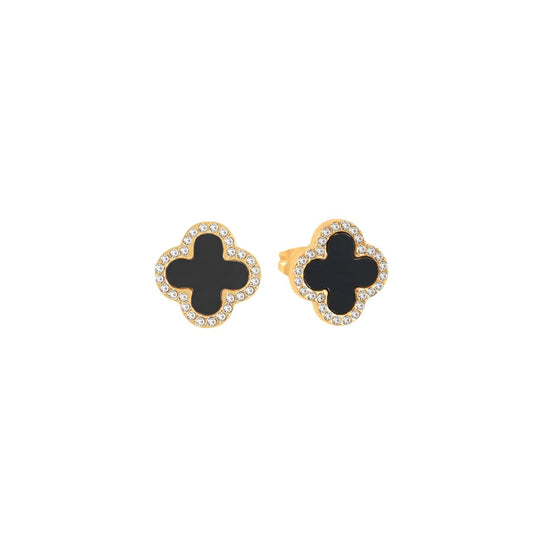 These Knight & Day Estella stud earrings feature an elegant clover design, enhanced with glossy black resin and sparkling crystal accents.
