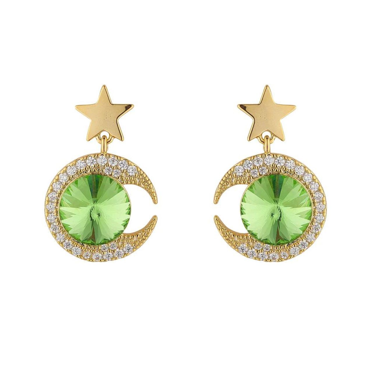 Green Moon Crystal Earrings by Knight & Day  Crystal encrusted moon shape embellished with green crystal centre piece. Star shaped stud fitting.