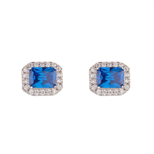 Silver Plated Horizontal Sapphire Stud Earrings by Knight & Day  These classic silver-plated Knight & Day earrings feature horizontal sapphire studs for a timeless look. With their high-quality silver coating, these earrings are sure to last for years of sophisticated style.