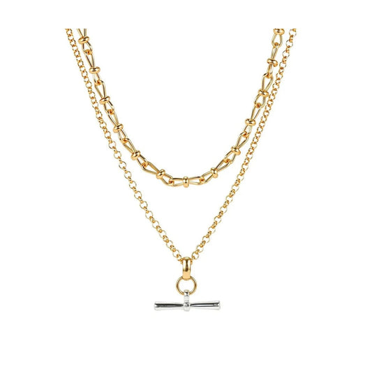 Beautiful layered T Bar necklace with varied chain styles in gold plating and T Bar drop in silver plating.