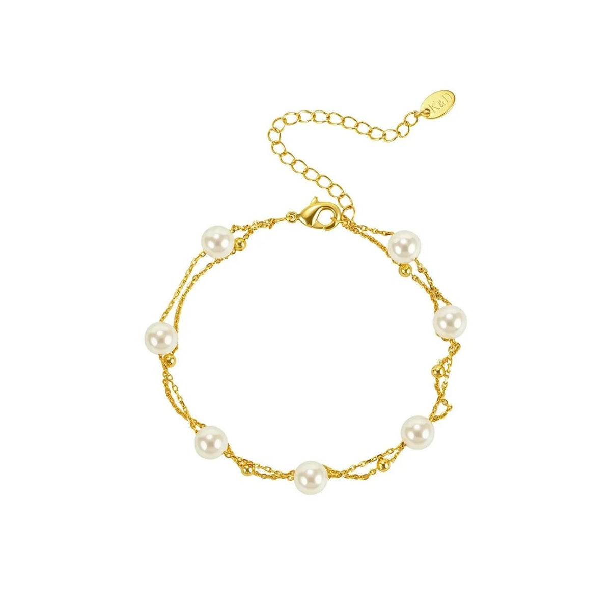 The Natalie Bracelet features a beautiful double-layer design, combining timeless faux pearls with a refined gold finish. Crafted with 18 carat gold plating and 6mm crystal-white glass pearls, it adds a subtle touch of sophistication to any look.